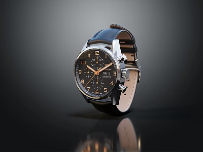 Stylish Watch With Black Dial Leather Strap And Metal Case Design 3d model