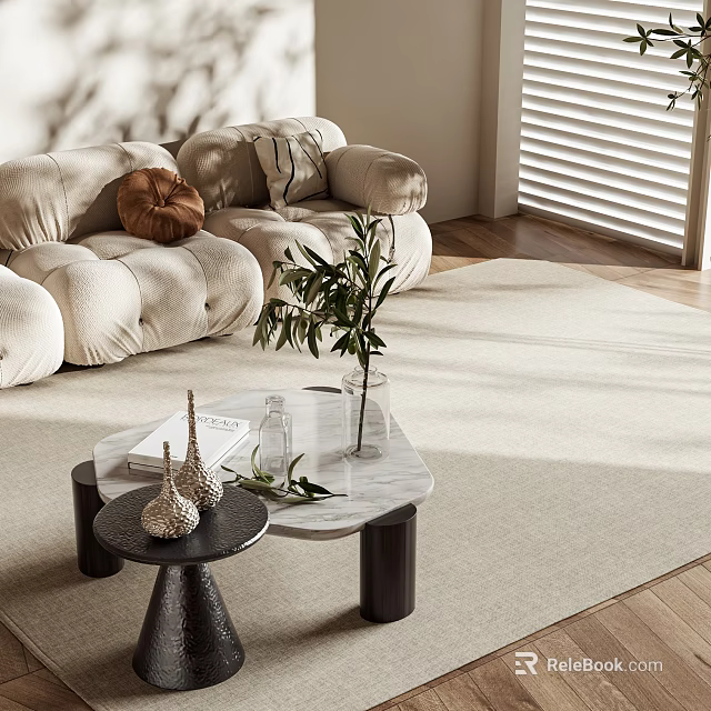 Modern Living Room Coffee Table With Marble Top Black Legs Sofa Rug And Plant Decorations 3d model 