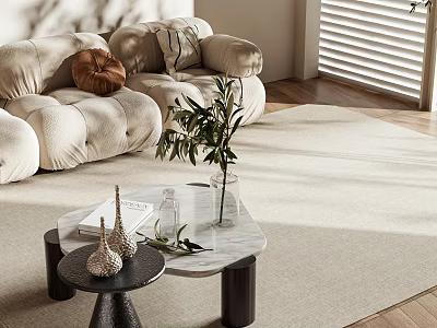 Modern Living Room Coffee Table With Marble Top Black Legs Sofa Rug And Plant Decorations 3d model