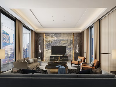 Modern Living Room Interior Design With Large Windows City View TV And Sofa 3d model