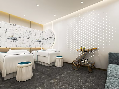 Luxurious SPA Sauna Interior With White Massage Beds Decorative Wall And Treatment Trolley 3d model