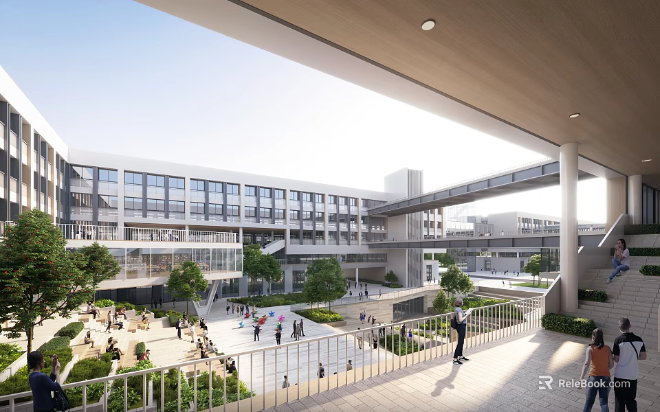 Modern School Building With Open Atrium Connecting Corridors Glass Curtain Walls Greenery And Student Activities 3d model 