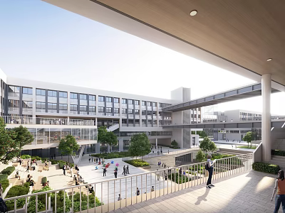Modern School Building With Open Atrium Connecting Corridors Glass Curtain Walls Greenery And Student Activities 3d model