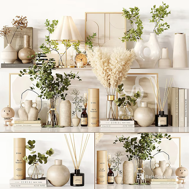 Decorative Ornament Set With Ceramic Vases Green Foliage And Dried Pampas Grass Candle Holders 3d model 