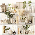 Decorative Ornament Set With Ceramic Vases Green Foliage And Dried Pampas Grass Candle Holders