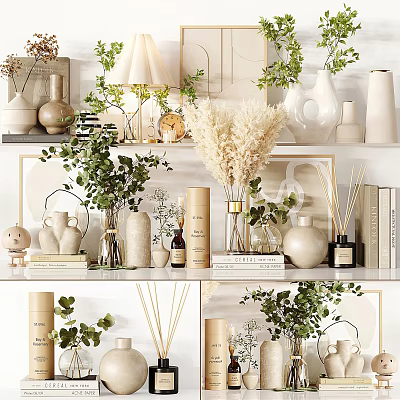 Decorative Ornament Set With Ceramic Vases Green Foliage And Dried Pampas Grass Candle Holders 3d model