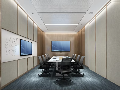 Modern Meeting Room Interior With Long Table Black Chairs Wooden Panels And Dual Screens 3d model