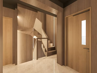 Modern Interior With Wooden Staircase Light Flooring And Wooden Walls Minimalist Design 3d model
