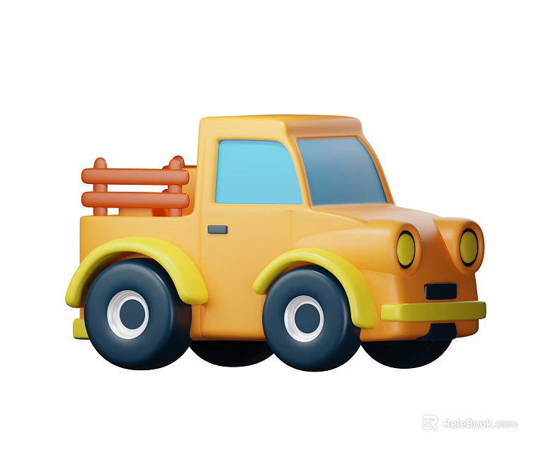 Yellow Cartoon Style Toy Truck With Wooden Railings And Blue Windows 3d model 