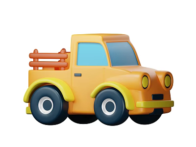 Yellow Cartoon Style Toy Truck With Wooden Railings And Blue Windows 3d model