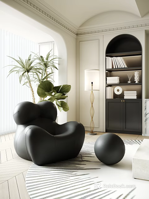 Elegant Modern Black Accent Chair with Green Plant Gold Floor Lamp and Bookshelf in Living Room 3d model 