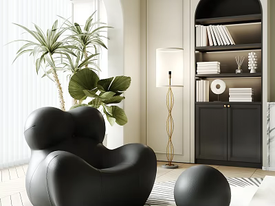 Elegant Modern Black Accent Chair with Green Plant Gold Floor Lamp and Bookshelf in Living Room 3d model