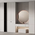 Modern Minimalist Vanity With White Cabinets Round Mirror And Ring Light