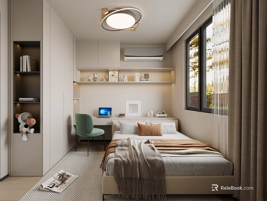 Modern Tatami Bedroom Interior With Bed Desk Green Chair And Built in Bookshelf Window Curtains 3d model 
