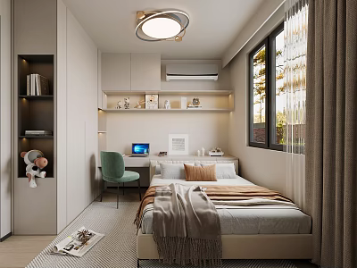 Modern Tatami Bedroom Interior With Bed Desk Green Chair And Built in Bookshelf Window Curtains 3d model