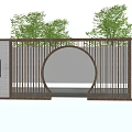 Scenic Garden Wall with Circular Hollow Lattice Design and Side Wall Lamps Against Background Trees