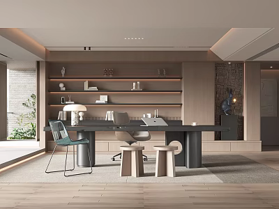 Modern Study Room Interior With Wooden Desk Ergonomic Chair Wall Shelves And Decorative Items 3d model