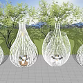 White Woven Hanging Chairs In Outdoor Patio With Green Trees And Gray Flooring