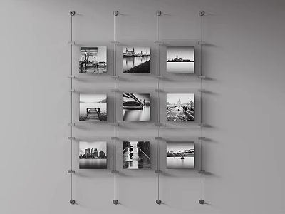 Black And White Landscape Paintings Hanging On Wall With Metal Support Frames 3d model