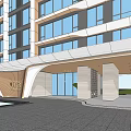 Modern Commercial Street With Glass Facade Open Entrance And Pedestrian Walkway