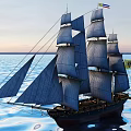 Tall Sailing Ship With Gray Sails Red Black Hull On Blue Ocean Clear Sky