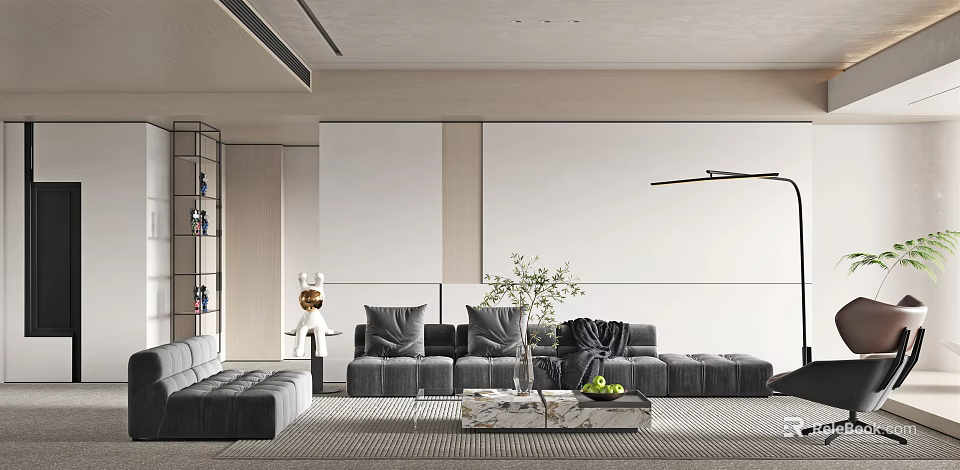 Modern Living Room Interior Design With Gray Sofa Coffee Table And Green Plants 3d model 