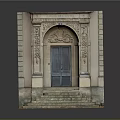 Traditional Building Entrance With Arched Carved Door Stone Steps And Beige Walls