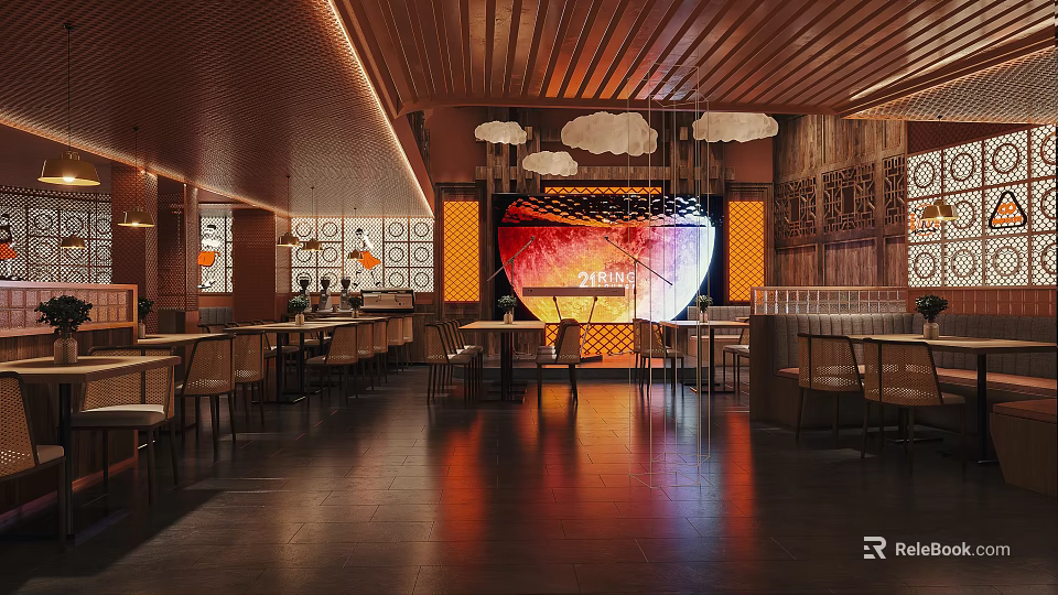Modern Bar Interior Featuring Wooden Ceiling Cloud Pendant Lights Circular Screen And Warm Lighting 3d model 