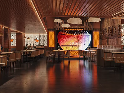 Modern Bar Interior Featuring Wooden Ceiling Cloud Pendant Lights Circular Screen And Warm Lighting 3d model