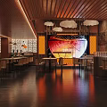 Modern Bar Interior Featuring Wooden Ceiling Cloud Pendant Lights Circular Screen And Warm Lighting
