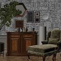 Wooden Sideboard In Cozy Living Room With Decorative Wall Art Potted Plant And Accent Chair