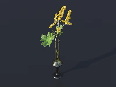Elegant Glass Vase With Yellow Flowers And Green Leaves On Dark Background 3d model