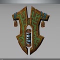 Decorative Shield With Green Orange Geometric Patterns Blue White Spiral And Hanging Bells