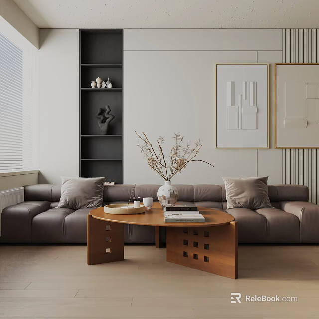 Gray Three Seater Sofa Living Room With Wooden Coffee Table And Wall Artwork 3d model 