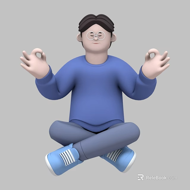 Man Meditating Sitting Cross-Legged in Blue Sweater Gray Pants and Blue Sneakers 3d model 