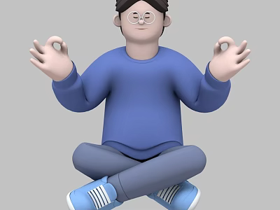 Man Meditating Sitting Cross-Legged in Blue Sweater Gray Pants and Blue Sneakers 3d model