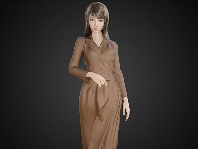 Elegant Woman In Brown Long Sleeve Wrap Dress Standing Gracefully 3d model