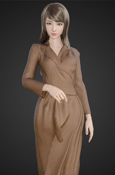 Elegant Woman In Brown Long Sleeve Wrap Dress Standing Gracefully 3d model