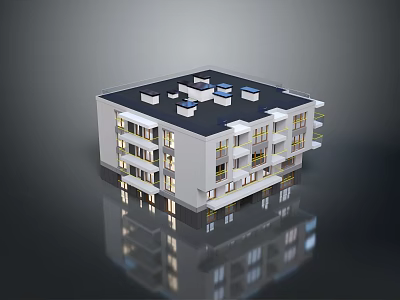 Modern Multi story Building With White Facade Black Roof Blue Rooftop Units And Balconies 3d model