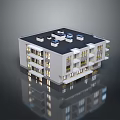 Modern Multi story Building With White Facade Black Roof Blue Rooftop Units And Balconies