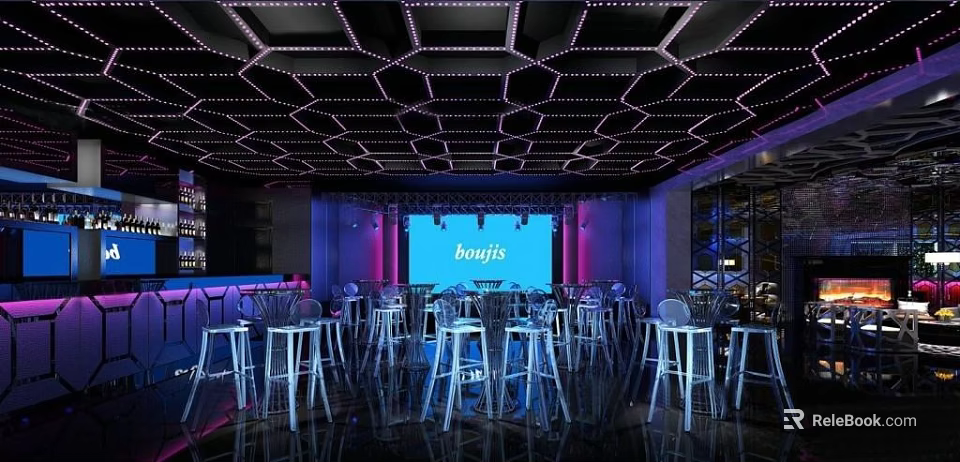 Modern Bar Interior with Hexagonal Ceiling Lights Large Screen Bar Counter and High Stools 3d model 