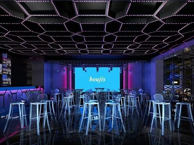 Modern Bar Interior with Hexagonal Ceiling Lights Large Screen Bar Counter and High Stools 3d model