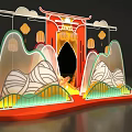 Chinese Traditional Decorative Gateway With Red Structure Clouds Mountains And Lanterns 3d model