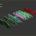 Sci Fi Style Weapons with Different Designs and Various Colors Displayed on Gray Background