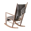 Comfortable Leisure Rocking Chair With Wooden Frame Woven Seat And Gray Knitted Blanket