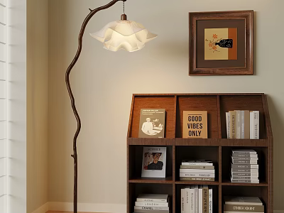 Pleated White Lampshade Floor Lamp In Cozy Room With Wooden Bookshelf And Painting 3d model