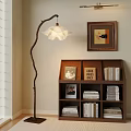 Pleated White Lampshade Floor Lamp In Cozy Room With Wooden Bookshelf And Painting