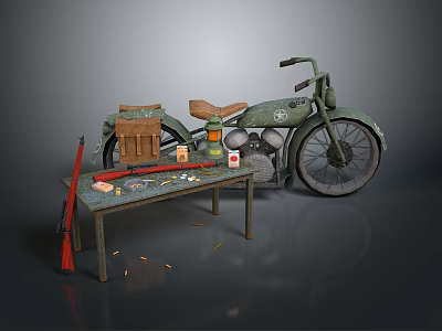 Vintage Green Motorcycle With Brown Seat And Wooden Table With Oil Lamp Tools 3d model