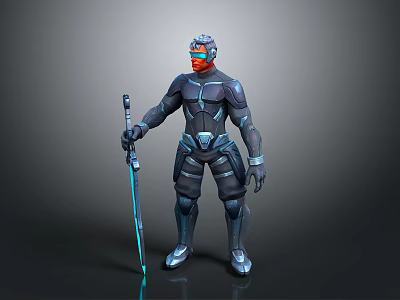 Sci Fi Game Movie Character In Black Silver Armor With Red Visor And Glowing Sword 3d model