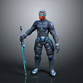 Sci Fi Game Movie Character In Black Silver Armor With Red Visor And Glowing Sword